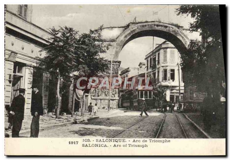 Old Postcard Thessaloniki Arc De Triomphe Tramway