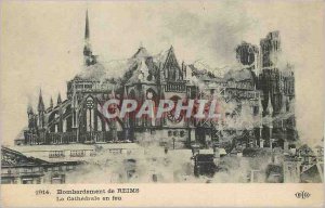 Postcard Old Bombing of Reims Cathedral on fire Militaria