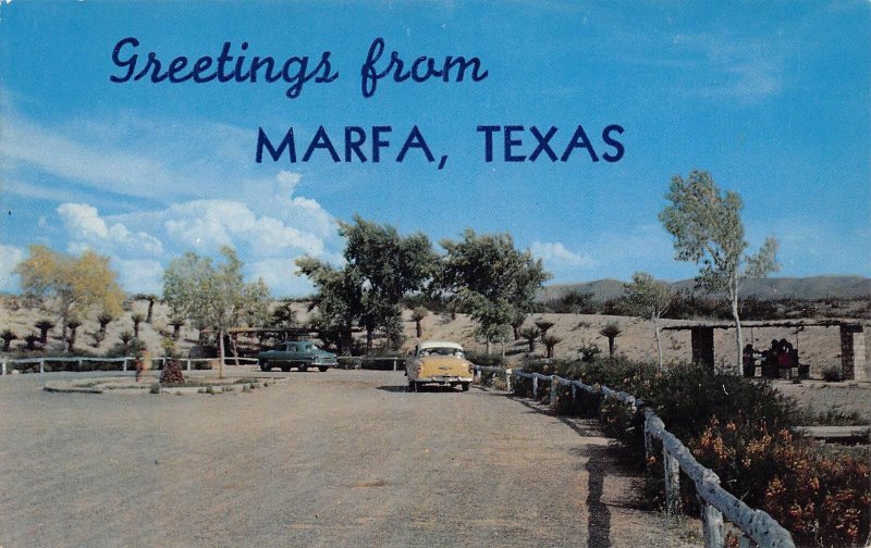 J80/ Marfa Texas Postcard Chrome Greetings Automobiles Road  433