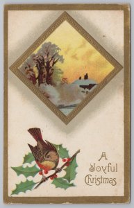 Holiday~Christmas~Winter Home @ Sunset~Bird on Holly~Vintage Postcard