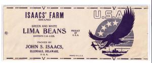 Isaacs Farm Lima Beans WWII Vintage Can Label Ellendale DE