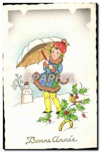 Old Postcard Fun Children Happy Snowman Year