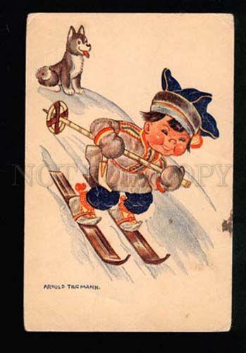 038473 Finnish boy & LAIKA DOG SKIING by Tilgmann Old PC