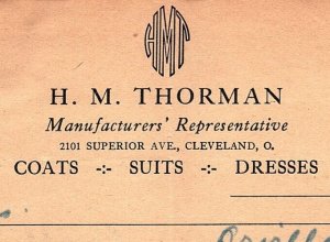 1937 H.M. THORMAN COATS SUITS DRESSES CLEVELAND OHIO BILLHEAD INVOICE Z621