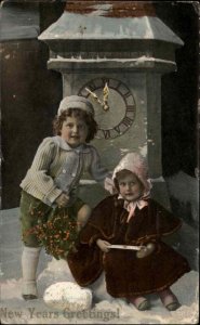 New Year Little Boy and Girl Antique Clock Children's Fashion c1910 Gel Postcard