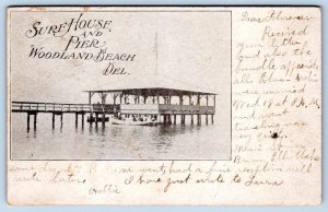 1907 WOODLAND BEACH DELAWARE BAY SURF HOUSE & PIER ANTIQUE POSTCARD