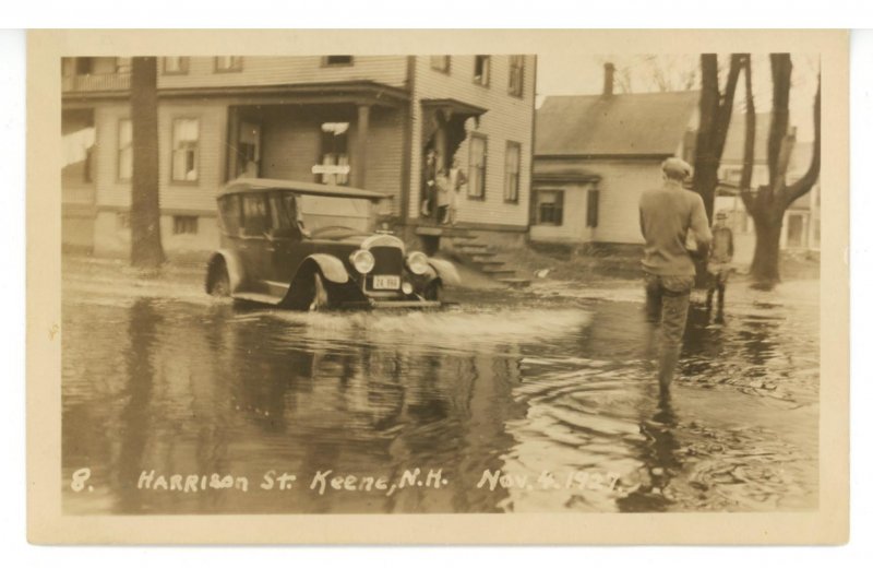 NH - Keene. Flood, November 3, 1927, Harrison St., Vintage Auto.  *RPPC