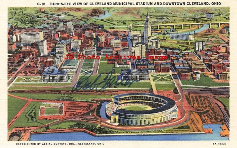 Bob Feller Autograph, Teich No 5A-H1233, Cleveland Ohio Municipal Stadium 