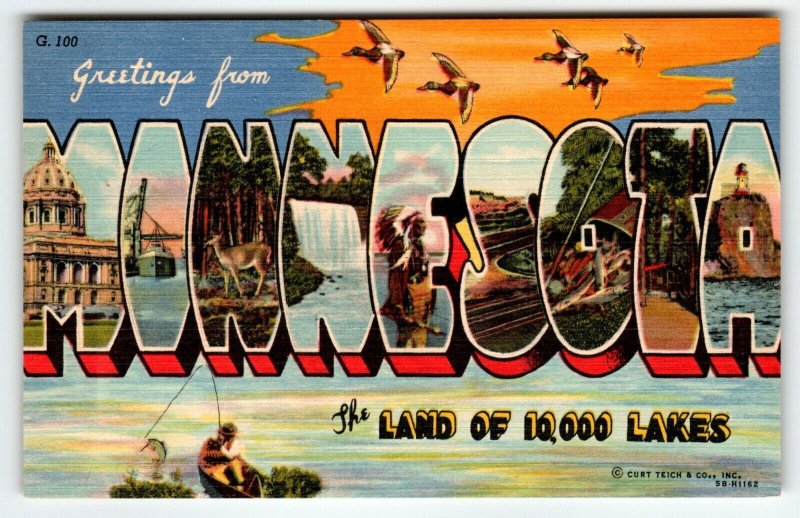 Greetings From Minnesota Large Letter Postcard Land Of 10,000 Lakes Curt Teich