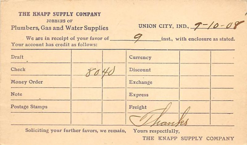 The Knapp supply company Jobbers of plumbers, gas and water supplies Postal C...