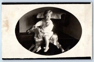 c1910's Little Boy Sitting On Rocking Horse House Interior RPPC Photo Postcard