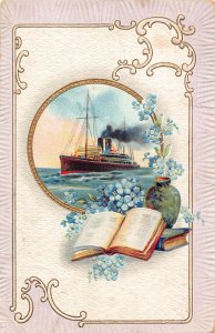 Steamboat Forget-me-not Flowers Pottery Books embossed vintage postcard