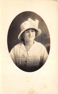 1910s RPPC Real Photo Postcard Girl white Blouse and Fancy Hat