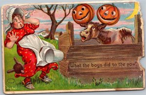 Postcard Halloween - boys jack o'lanter cow horns Julius Bien - damage