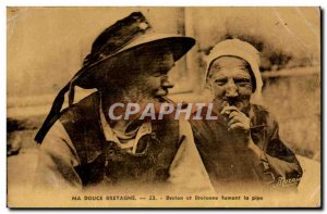 Old Postcard My Sweet Brittany Breton and Breton Folklore smoking a pipe