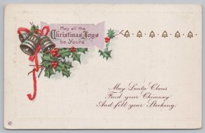 Stecher~Series 350 F~Christmas Joys Be Yours~Bells~Ribbon & Berries~PM 1913~PC