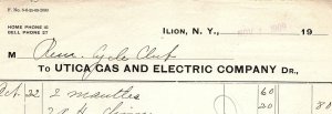 1909 ILION NY UTICA GAS AND ELECTRIC COMPANY REMINGTON CYCLE CLUB BILLHEAD Z4647