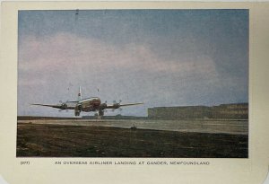 Vintage An Overseas Airliner Landing at Gander, Airport Newfoundland Postcard
