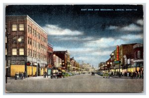 East Erie and Broadway Street View Night Lorain Ohio OH Linen Postcard V21