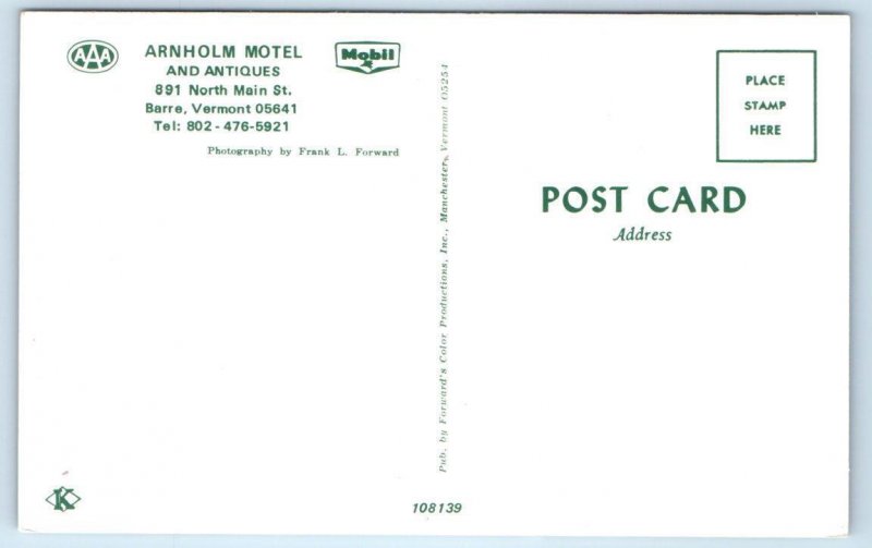 BARRE, VT Vermont - Roadside  ARNHOLM MOTEL c1960s Washington County Postcard