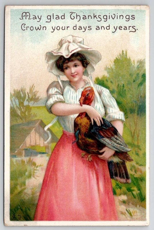 Thanksgiving Greeting Woman In Bonnet With Turkey Postcard V22