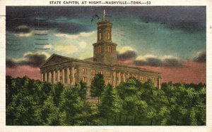 Vintage Postcard 1950's State Capitol At Night Architectural Nashville Tennessee