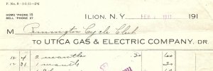 1911 ILION NY UTICA GAS AND ELECTRIC COMPANY REMINGTON CYCLE CLUB BILLHEAD Z4645