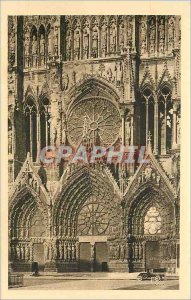 Old Postcard Reims cathedral the great portal and the rose window