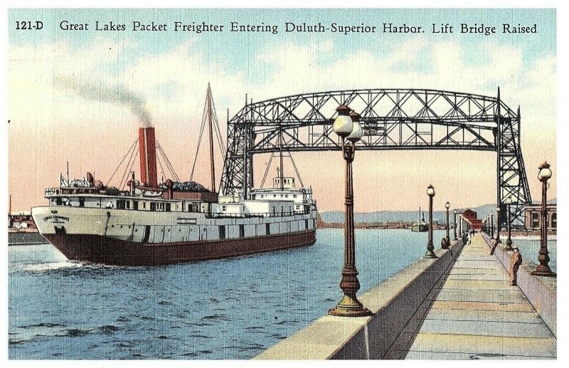 Great Lakes Packet Freighter Entering Duluth-Superior Harbor Ship Postcard