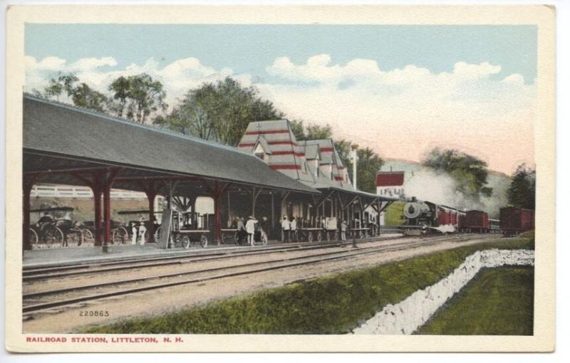 Littleton NH Railroad Station Train Depot Horse Wagons Postcard