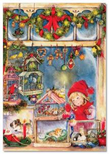Little Girl looks a pet store Puppy Christmas gift by Lisi Martin NEW postcard