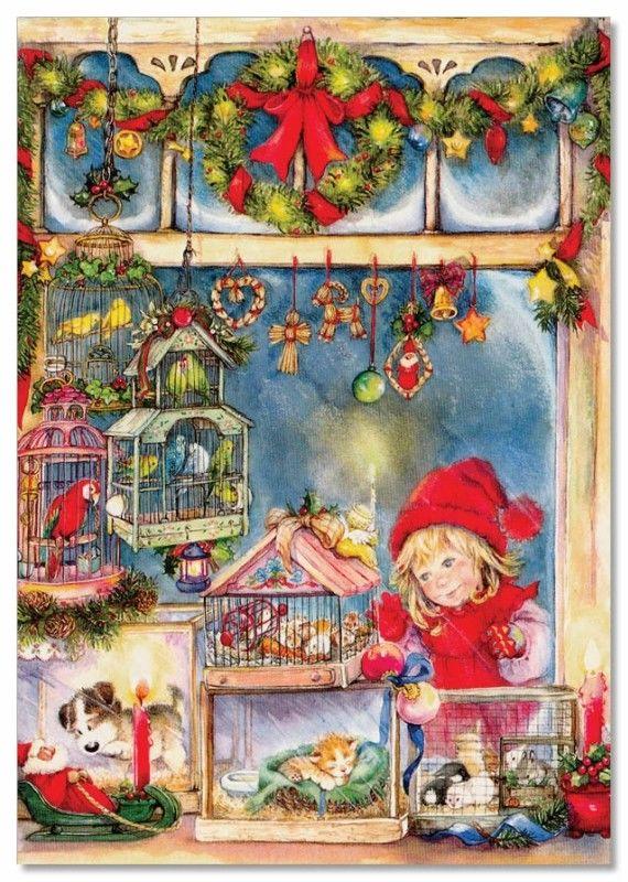 Little Girl looks a pet store Puppy Christmas gift by Lisi Martin NEW postcard