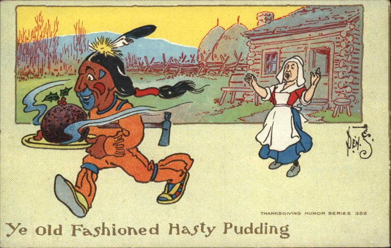 Thanksgiving Humor American Indian Steals Christmas Pudding c1910 Postcard