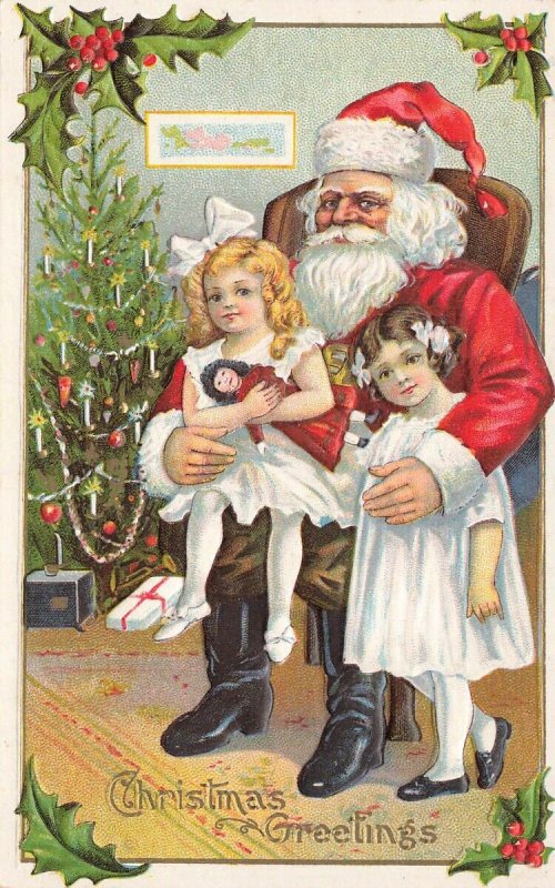 Christmas Greetings Red Suited Santa Claus w/Young Girls w/Doll Postcard