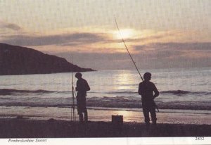 Pembrokeshire Fishermen at Sunset Fishing In Dusk Postcard