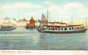 CHICAGO ILLINOIS~1900s SCENE IN HARBOR-STEAMERS-SAILBOATS POSTCARD