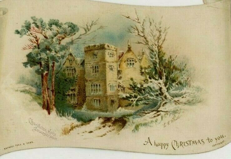 1880s-90s Raphael Tuck Christmas Die-Cut Card Scroll Stone Church Winter *M