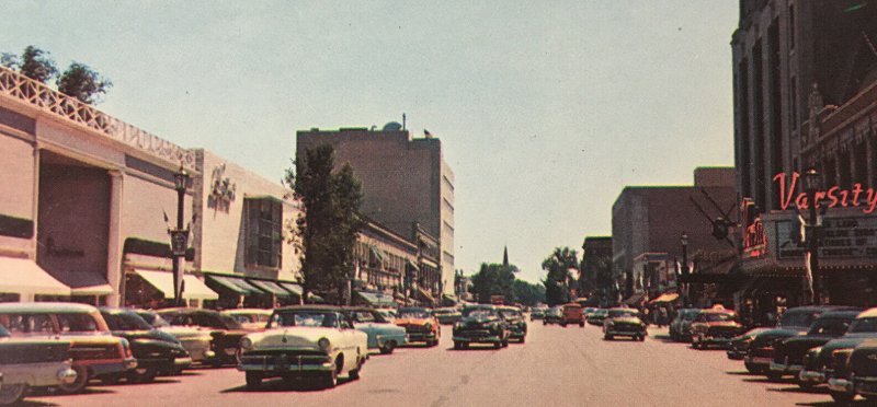 Sherman Street IL View Looking South Postcard 50s Cars Woody Chevy Theater Store