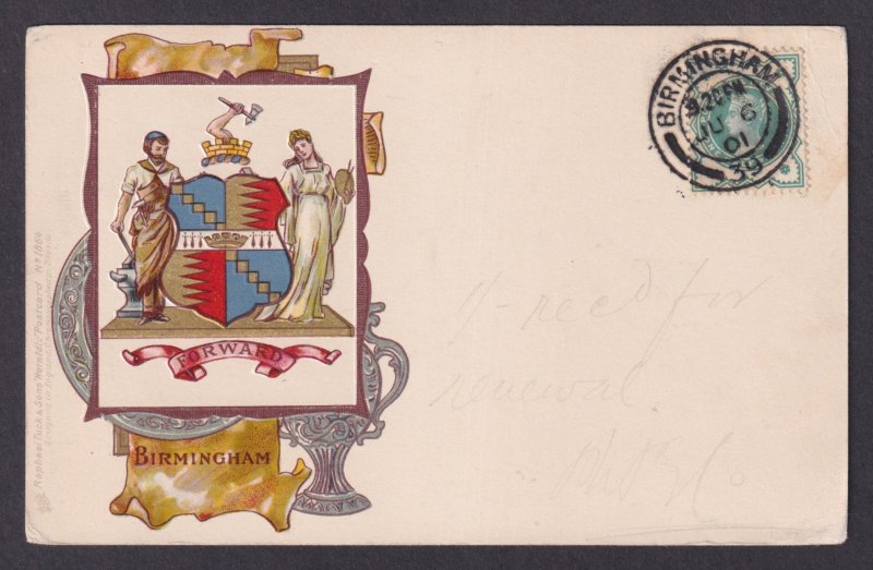 UNITED KINGDOM, Postcard 1901, Birmingham, Coat of arms