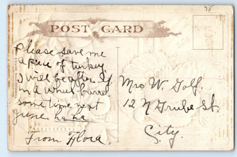 c1910's Thanksgiving Turkey Under The Peach Tree  Embossed Antique Postcard