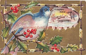New Year, Bird on Holly Berry Branch, Country Winter scene, Embossed