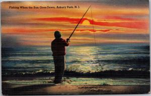 Fishing When the Sun Goes Down, Sunset Asbury Park NJ Vintage Linen Postcard L11