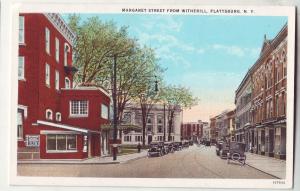 P661 JLs, old card old cars barber shop street scene margret st. plattsburg n.y