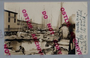 Boston MASSACHUSETTS RPPC 1909 HARBOR SCENE Fish Market T WHARF Fishing Boats MA
