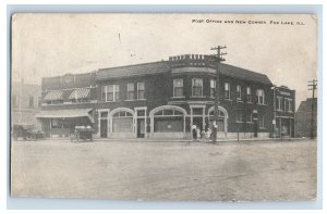 Vintage Post Office And New Corner Fox Lake, Ill. Postcard F146E