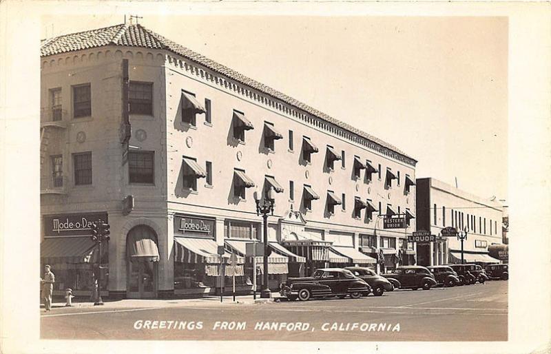 Hanford CA Street View Storefronts Whilton Hotel Old Cars RPPC Postcard