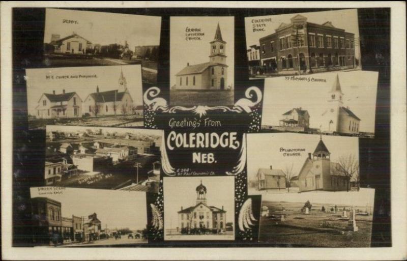 Coleridge NE Multi-View w/ RR Train Station Depot Real Photo Postcard c1910