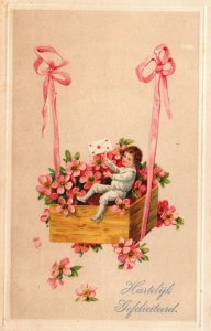 Happy Birthday Boy With A Huge Flower Basket Embossed Vintage Postcard 08.98 