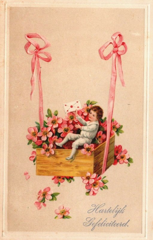 Happy Birthday Boy With A Huge Flower Basket Embossed Vintage Postcard 08.98 