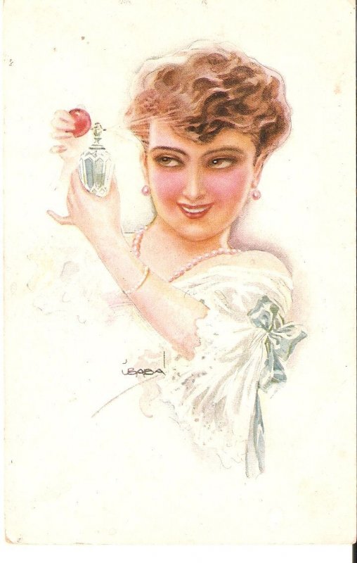 Usabal. Lady putting on perfume Old vintage German, artist signed Postcard